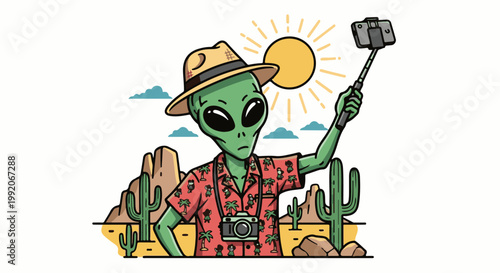A green alien tourist in a hat and Hawaiian shirt takes a selfie in the desert with cacti and mountains