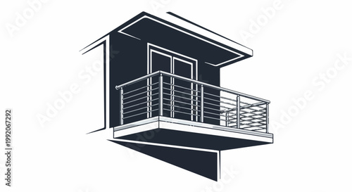 A modern building's second-story balcony with a sleek metal railing and glass doors