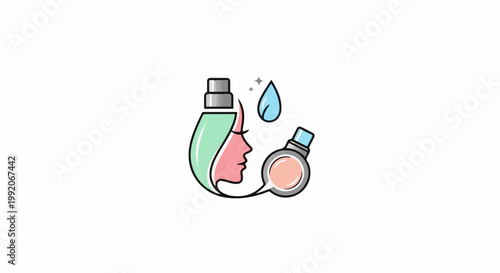 A minimalist icon showing a profile face with flowing hair next to cosmetic items like a bottle and compact