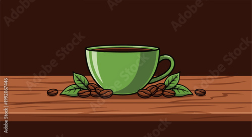 A green cup of dark coffee rests on a wooden surface surrounded by beans and leaves