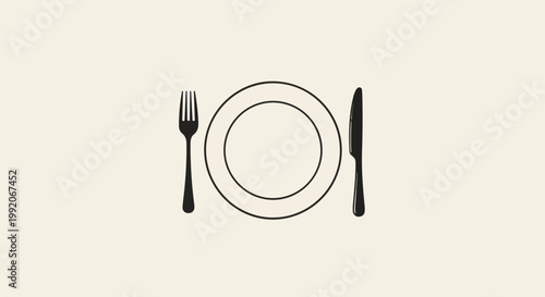 A minimalist illustration features a black fork, a plate, and a knife on a beige background