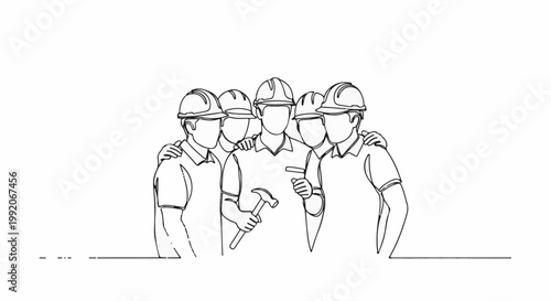 A minimalist illustration depicts a team of five construction workers, all wearing hard hats, standing together