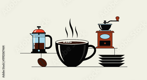 A minimalist illustration featuring a French press, a steaming cup of coffee, and a coffee grinder