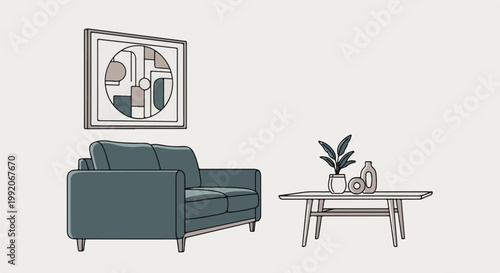 A minimalist interior scene features a plush teal sofa, a modern coffee table with decor, and abstract art