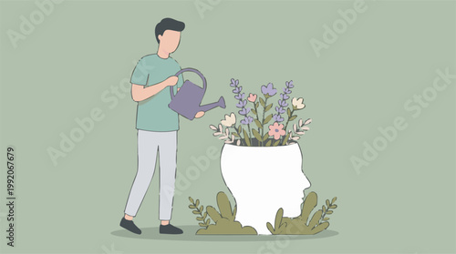Man watering flowers in a head-shaped pot, symbolizing mental well-being