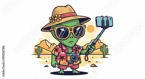 A green alien in sunglasses and a straw hat takes a selfie in a desert
