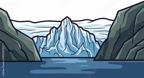 A majestic icy mountain range rises from the deep blue water, flanked by rocky cliffs under a white sky