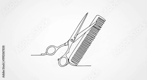 A minimalist line art illustration of a pair of scissors resting against a comb on a white background
