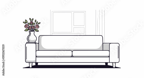 A minimalist line drawing of a sofa with a vase of pink flowers
