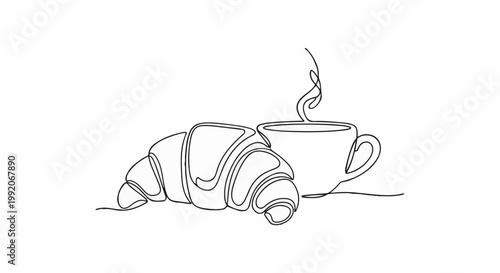 A minimalist line drawing of a steaming cup of coffee beside a flaky croissant