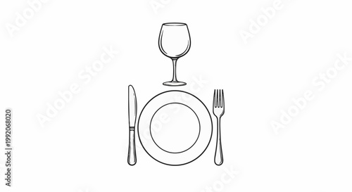 A minimalist sketch shows a place setting with a wine glass, plate, knife, and fork