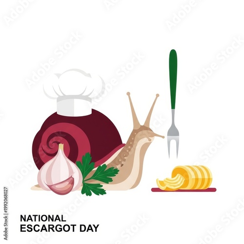 Chef snail with ingredients for National Escargot Day illustration