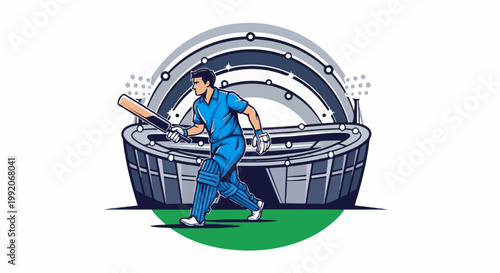 A male cricket player in blue uniform runs with a bat in front of a stadium with a curved structure