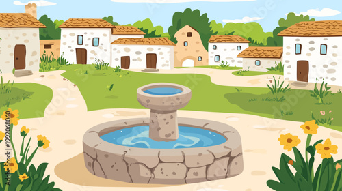 A picturesque village scene with stone houses, a central fountain, and surrounding greenery