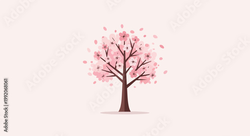 A minimalist, stylized illustration of a flowering tree with pink blossoms and falling petals against a soft pink background
