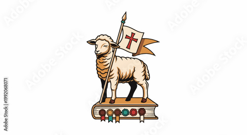 A lamb with a cross banner stands on a book with medals