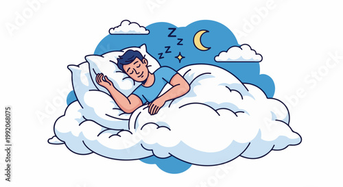 A man sleeps peacefully on a cloud under a starry night sky with a crescent moon