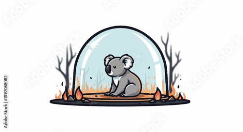 A koala sits protected inside a glass dome surrounded by raging fires and scorched trees