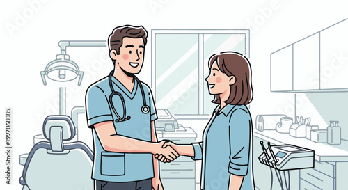A male dentist in scrubs shakes hands with a female patient in a bright, modern dental clinic