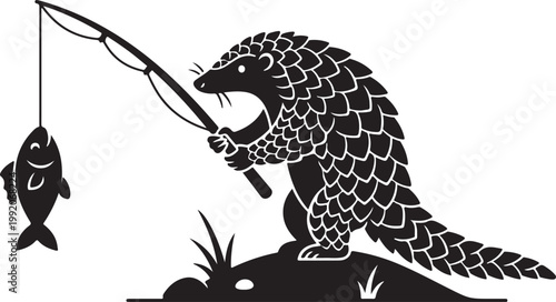 Pangolin fishing for a catch with black and white pangolin wildlife armadillo illustration silhouette