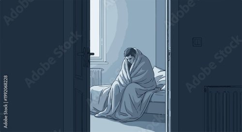 A man wrapped in a blanket sits on a bed in a dimly lit room, looking down