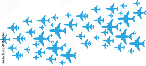 A formation of blue airplane vector illustrations arranged in a dynamic cluster on transparent background