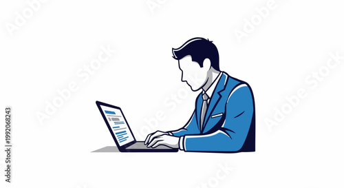 A man in a blue suit works diligently on a laptop, focused on his screen