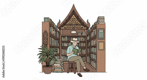A man in a hat sits reading a book in a room filled with bookshelves