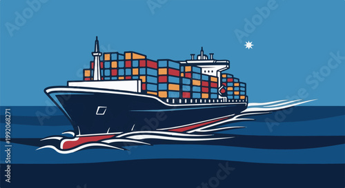 A large cargo ship carrying colorful containers sails across a deep blue ocean under a clear sky with a star