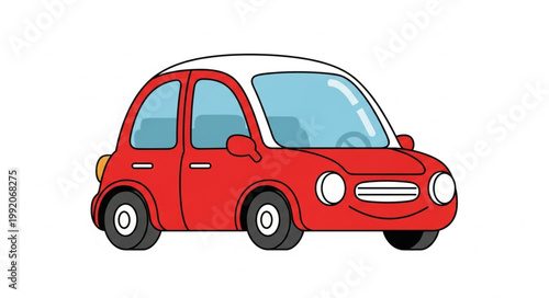 Cute cartoon red car with white roof and smiling face.