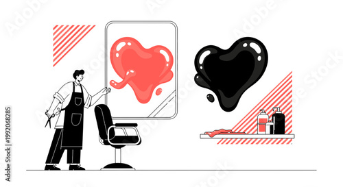 Barber Styling Heart Shape with Black Fluid in Mirror, Abstract Beauty Concept