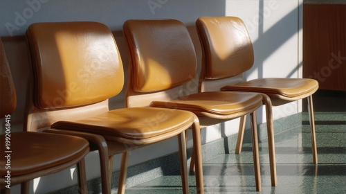 Row of four brown leather chairs arranged in a row against a white wall. the chairs have a modern design with a curved backrest and armrests.
