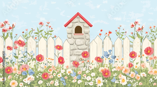 A picturesque scene of a birdhouse surrounded by a picket fence and colorful flowers