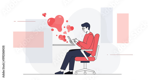 Man on Laptop with Hearts Floating Up, Online Romance, Digital Love, Connection