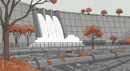 A large concrete dam with water flowing, surrounded by trees with orange leaves and debris