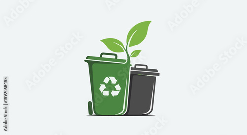 A green recycling bin with a plant growing out of it, beside a black bin
