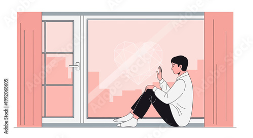 Man on phone looking at abstract heart in window, loneliness, modern illustration