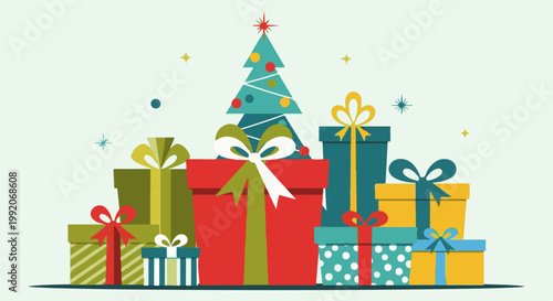 A festive arrangement of wrapped Christmas presents surrounding a decorated evergreen tree under a light blue sky