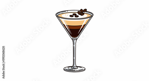 A layered coffee cocktail in a martini glass with coffee beans on top