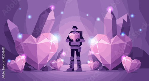 Astronaut holding glowing heart in crystal cave, love, fantasy, space exploration, romance, abstract
