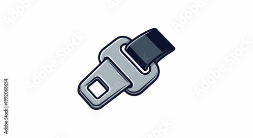 A grey and dark blue seat belt buckle is depicted with a clean white background