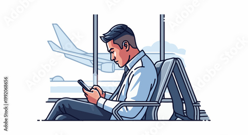 A man sits in an airport lounge, looking at his phone, with a plane visible outside