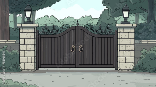 Illustration of a large, dark wooden gate adorned with ornamental ironwork, and stone pillars