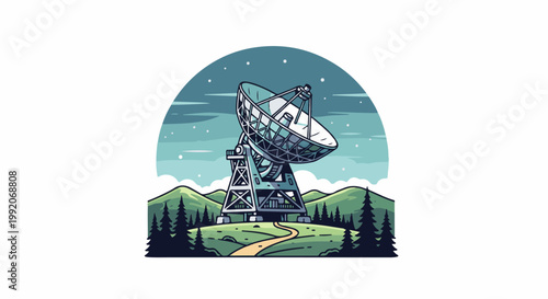 A large satellite dish antenna stands tall amidst a scenic landscape of rolling hills and pine trees