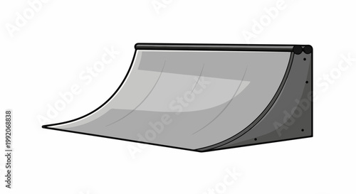 A grey quarter pipe ramp with a black edge and metal supports, on a white background