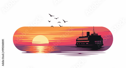 A large ship sails on a calm sea during a vibrant sunset with birds flying