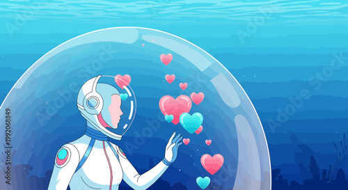 Astronaut in Bubble with Hearts Underwater, Sci-Fi Love Concept, Pixel Art Style