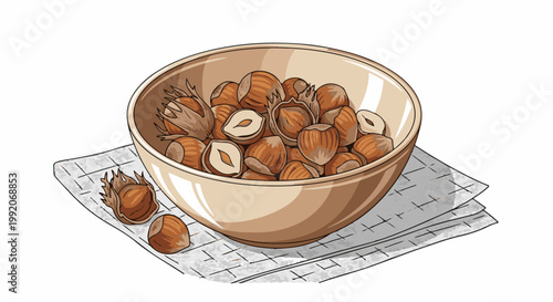 A light beige bowl overflows with whole and halved hazelnuts, resting on a checkered cloth