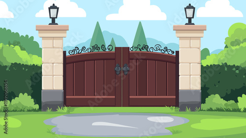 A picturesque scene of a garden gate framed by pillars, surrounded by lush greenery, and a bright sky