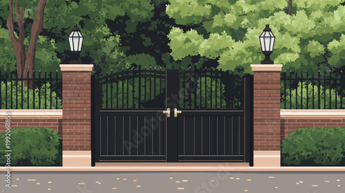 A stylized illustration features a closed black gate framed by brick pillars and lush greenery
